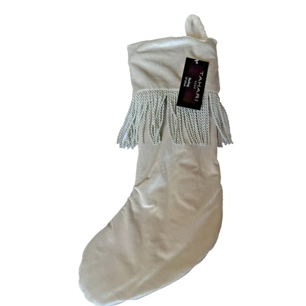 Tahari Home Gray Velvet Christmas Stocking Bullion Fringe Fleece Lined 22